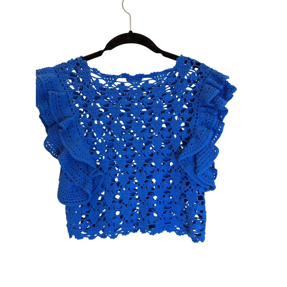 Zara Womens Blue Crochet Ruffle Knit Sleeveless Crop Top Small Boho Festival